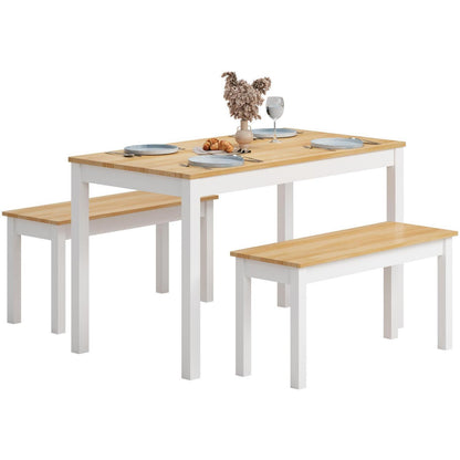 Massivholz Esstisch mit 2 Bänken | Esszimmer-Set Kiefer Teak/Weiß