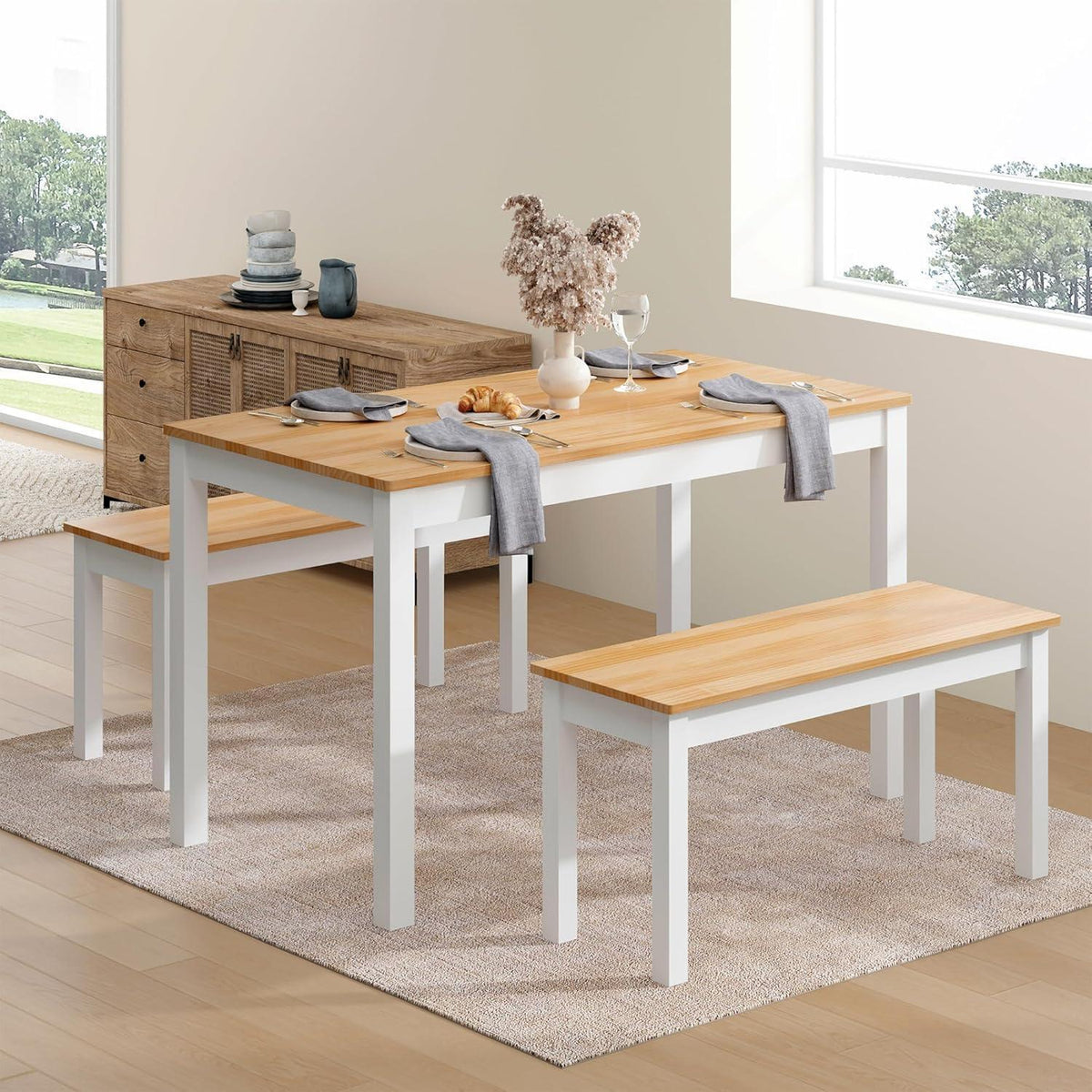 Massivholz Esstisch mit 2 Bänken | Esszimmer-Set Kiefer Teak/Weiß