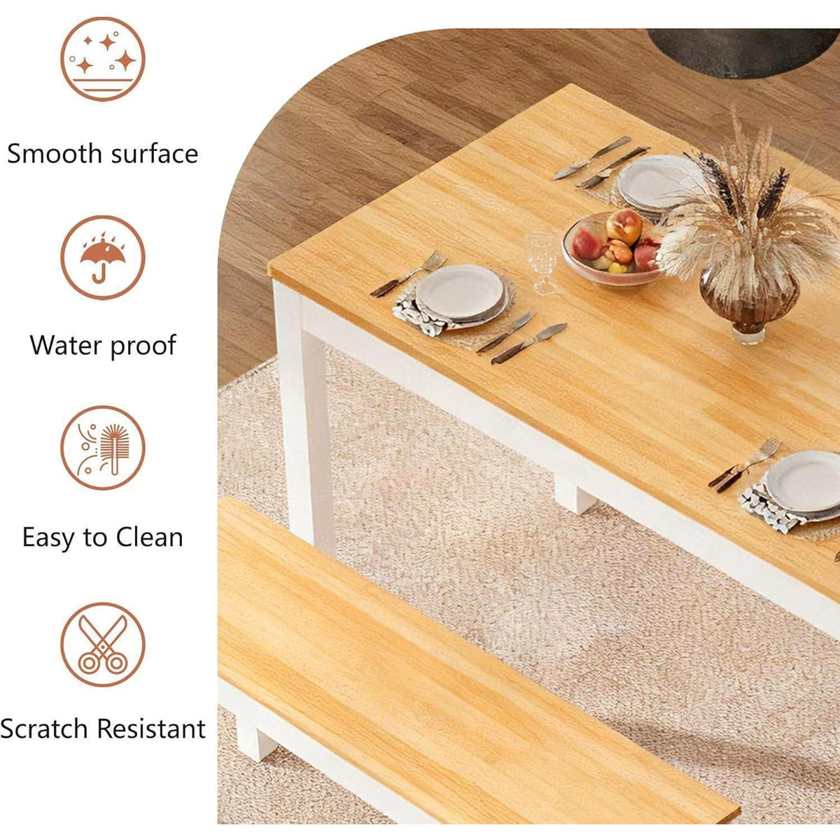 Massivholz Esstisch mit 2 Bänken | Esszimmer-Set Kiefer Teak/Weiß