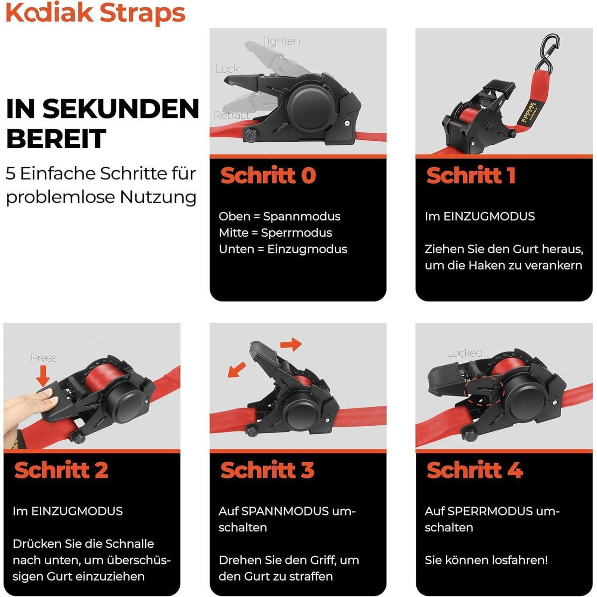Spanngurte mit Ratsche 3m | 1360KG | Rot 4er-Set