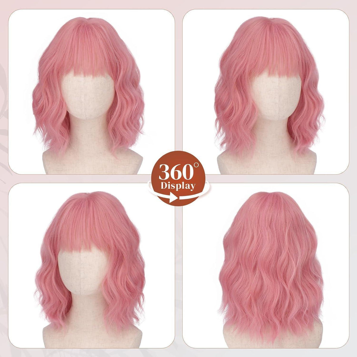 Rosa Bob Perücke mit Pony – 35cm gewellt, Synthetisch