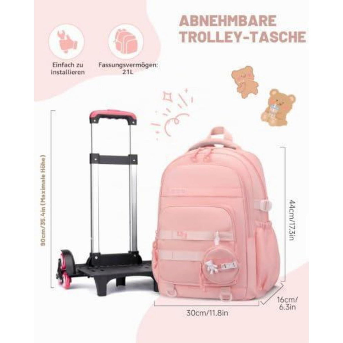 Schultrolley Mädchen mit Rollen & Laptopfach, Rosa
