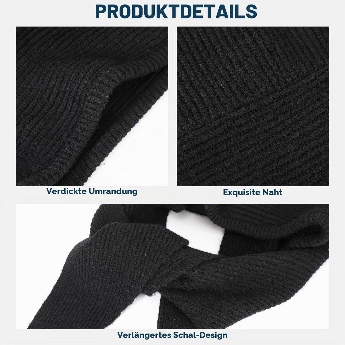 Warme Strickmütze mit Schal 2-in-1 Sturmhaube Unisex Schwarz
