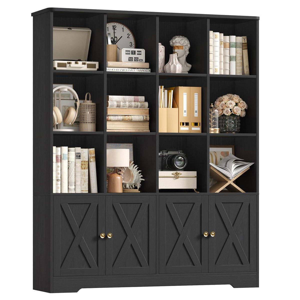 Bücherregal mit Türen & 12 Fächern – Hochschrank Holz Schwarz