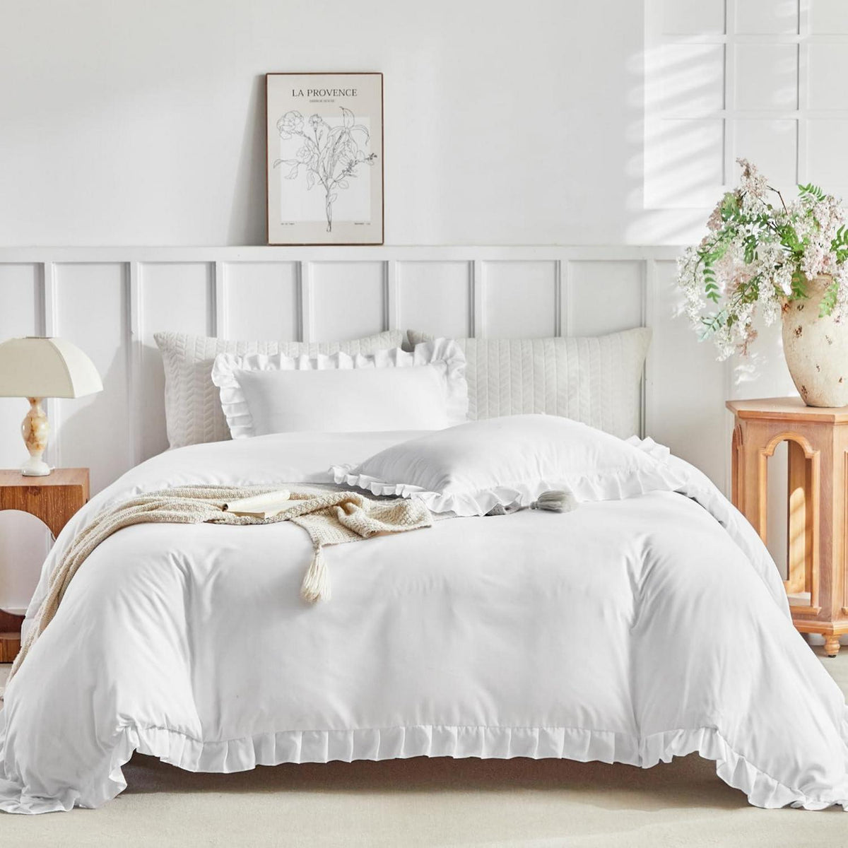 Weißer Rüschen-Bettbezug 200x200 cm - Bettwäsche-Set für Doppelbett