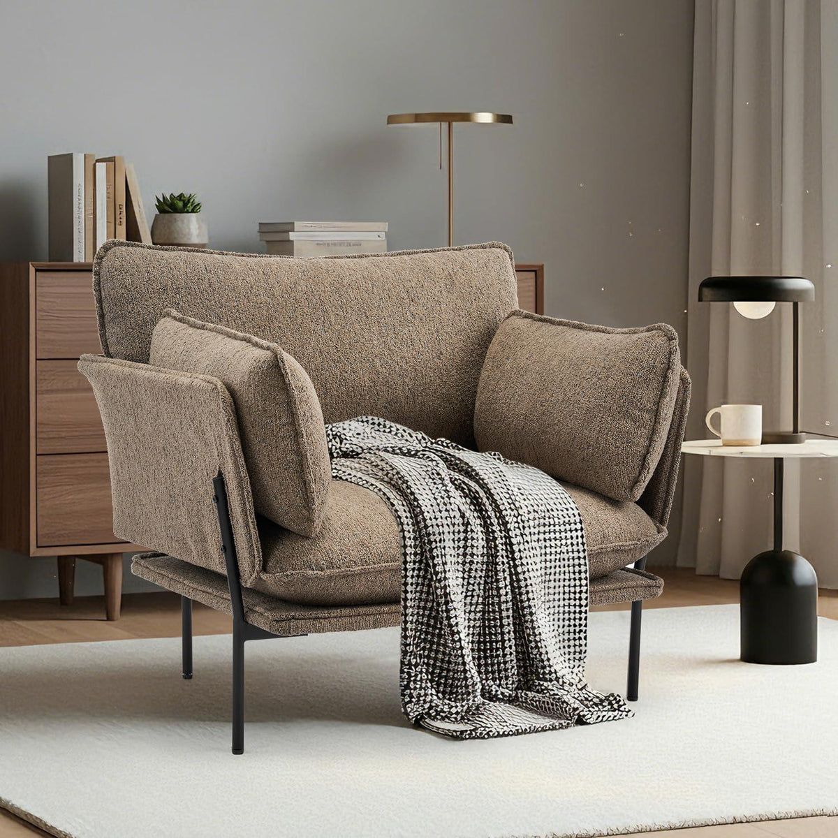 Bouclé Loungesessel mit Metallbeinen – Braun