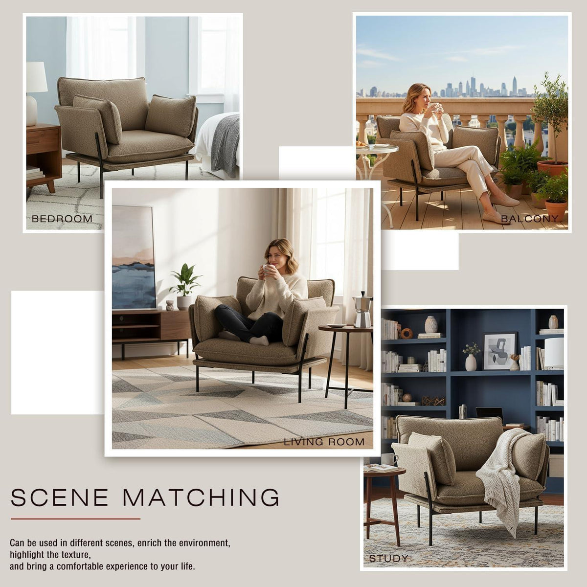 Bouclé Loungesessel mit Metallbeinen – Braun