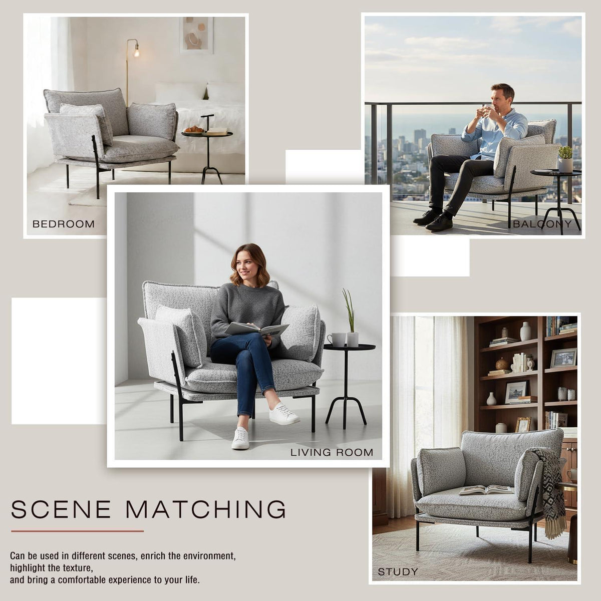 Bouclé Loungesessel mit Metallbeinen – Bequemer Akzentstuhl