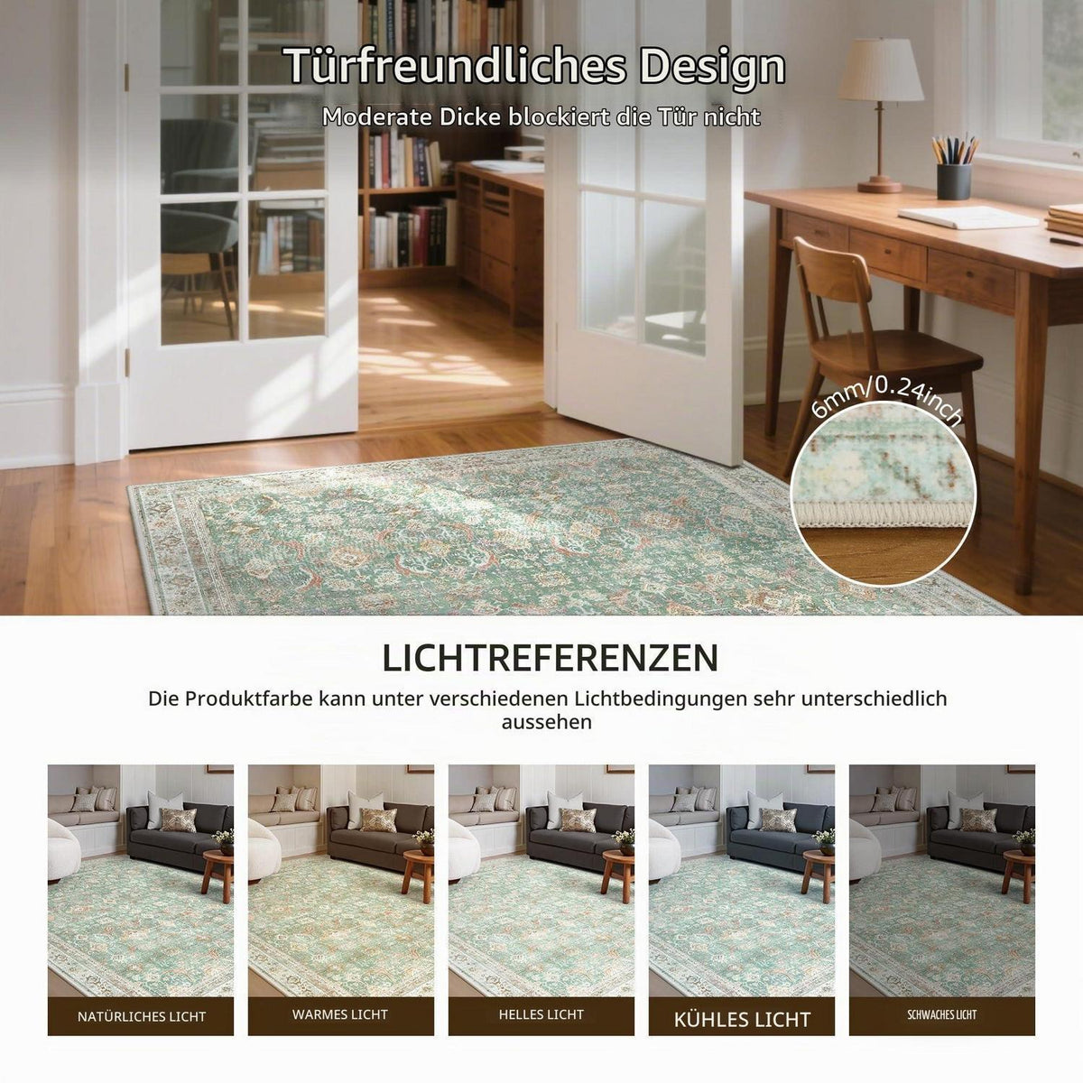 Teppich Wohnzimmer 200x290 cm, Salbeigrün, Kurzflor & Rutschfest