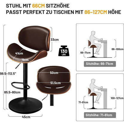 Barhocker Set 2x Höhenverstellbar, Holz Braun in Lederoptik