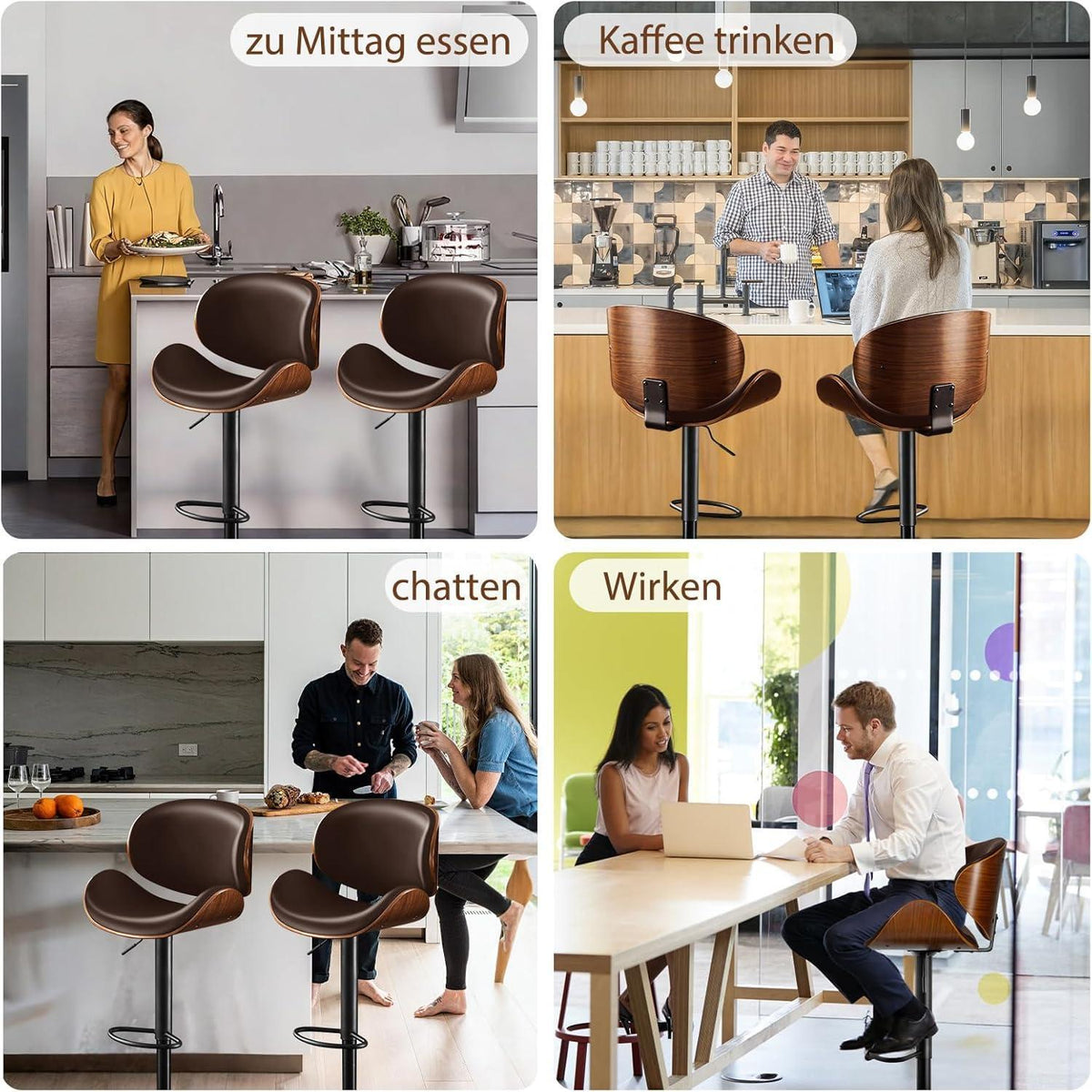Barhocker Set 2x Höhenverstellbar, Holz Braun in Lederoptik