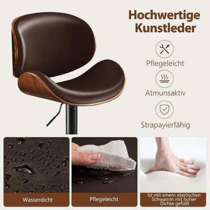Barhocker Set 2x Höhenverstellbar, Holz Braun in Lederoptik