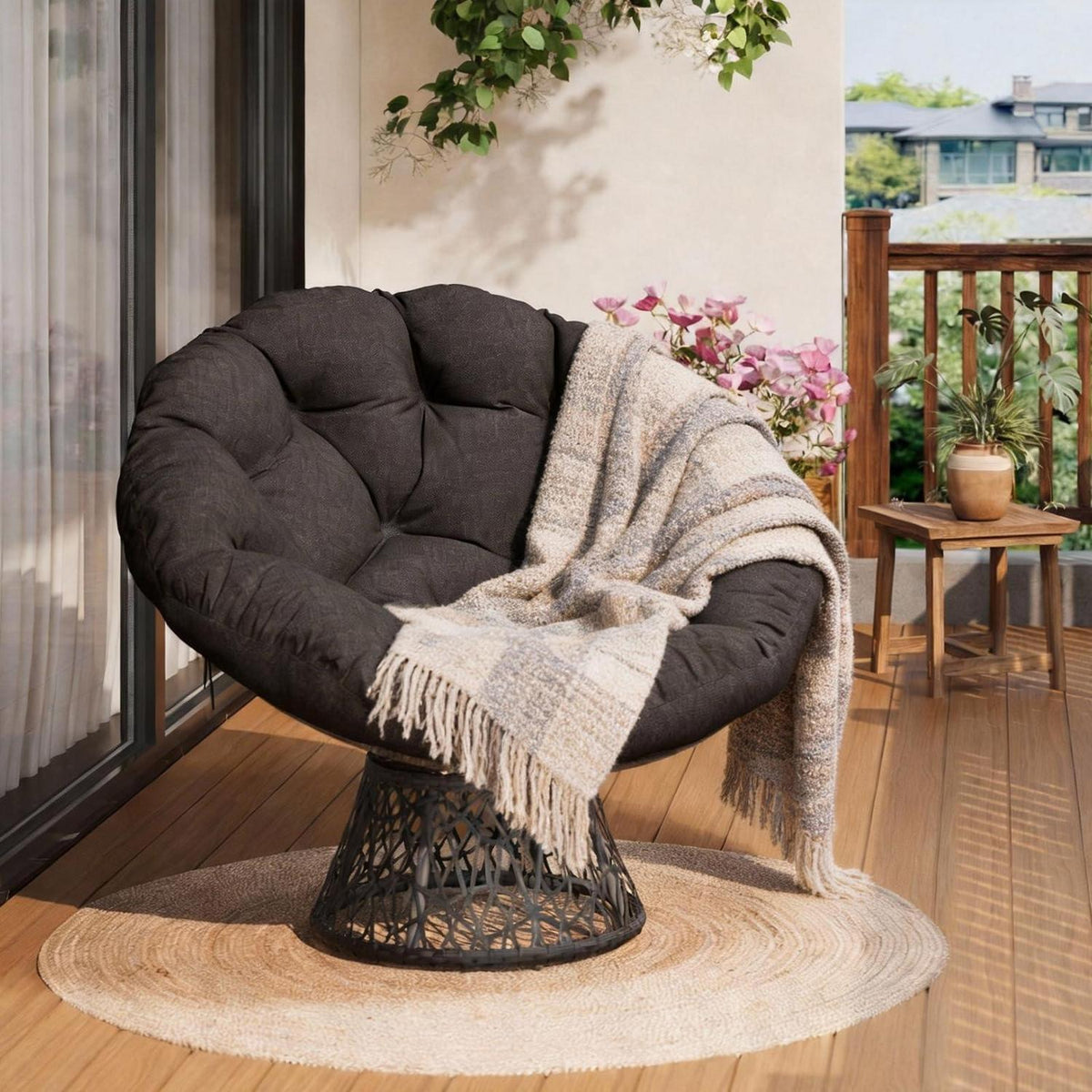 Ergonomischer Papasan Sessel Grau mit Kissen & 360° Drehung