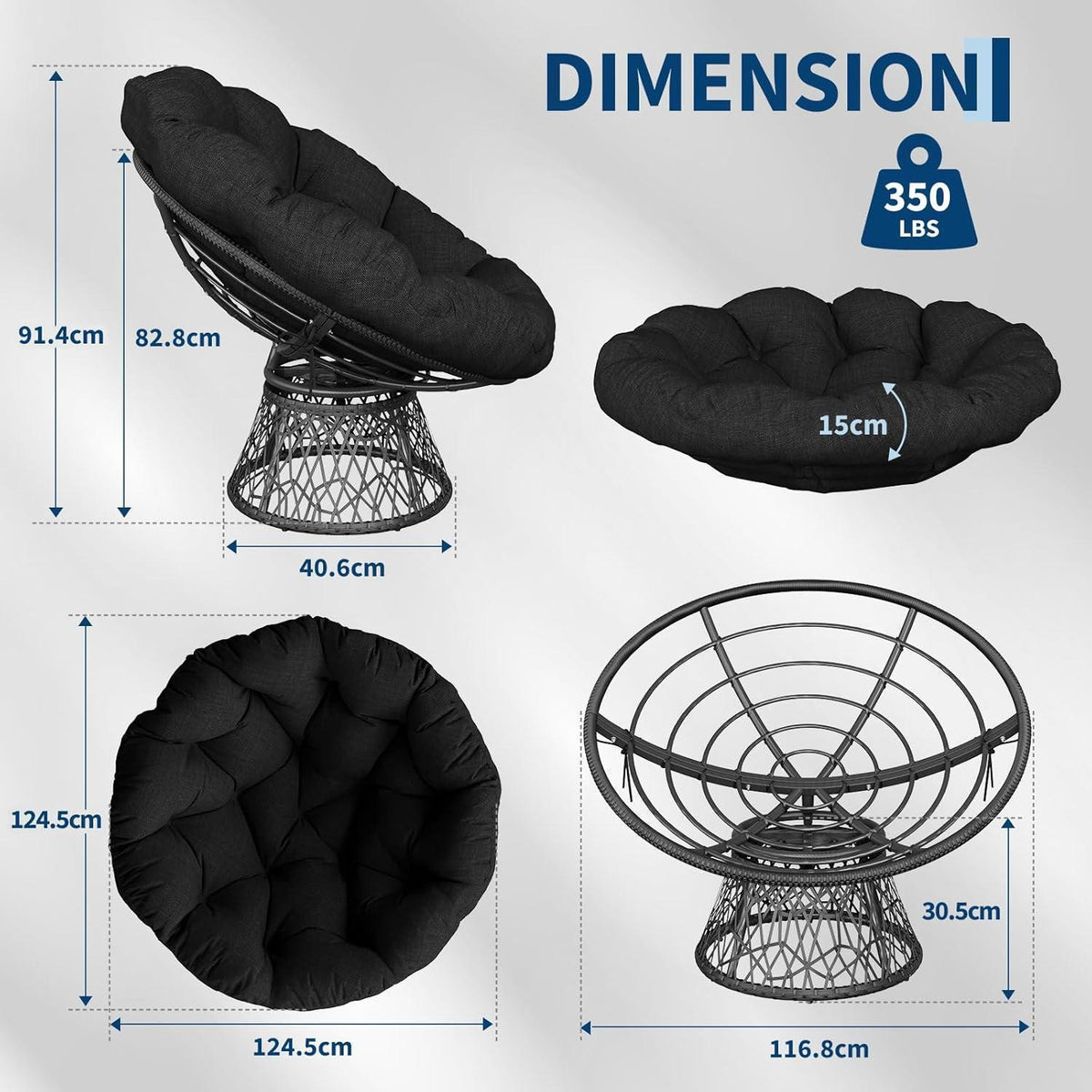 Ergonomischer Papasan Sessel Grau mit Kissen & 360° Drehung