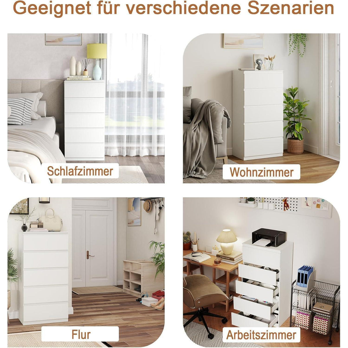 Weißer Kommodenschrank 60cm mit 5 Schubladen – Schlafzimmer & Büro