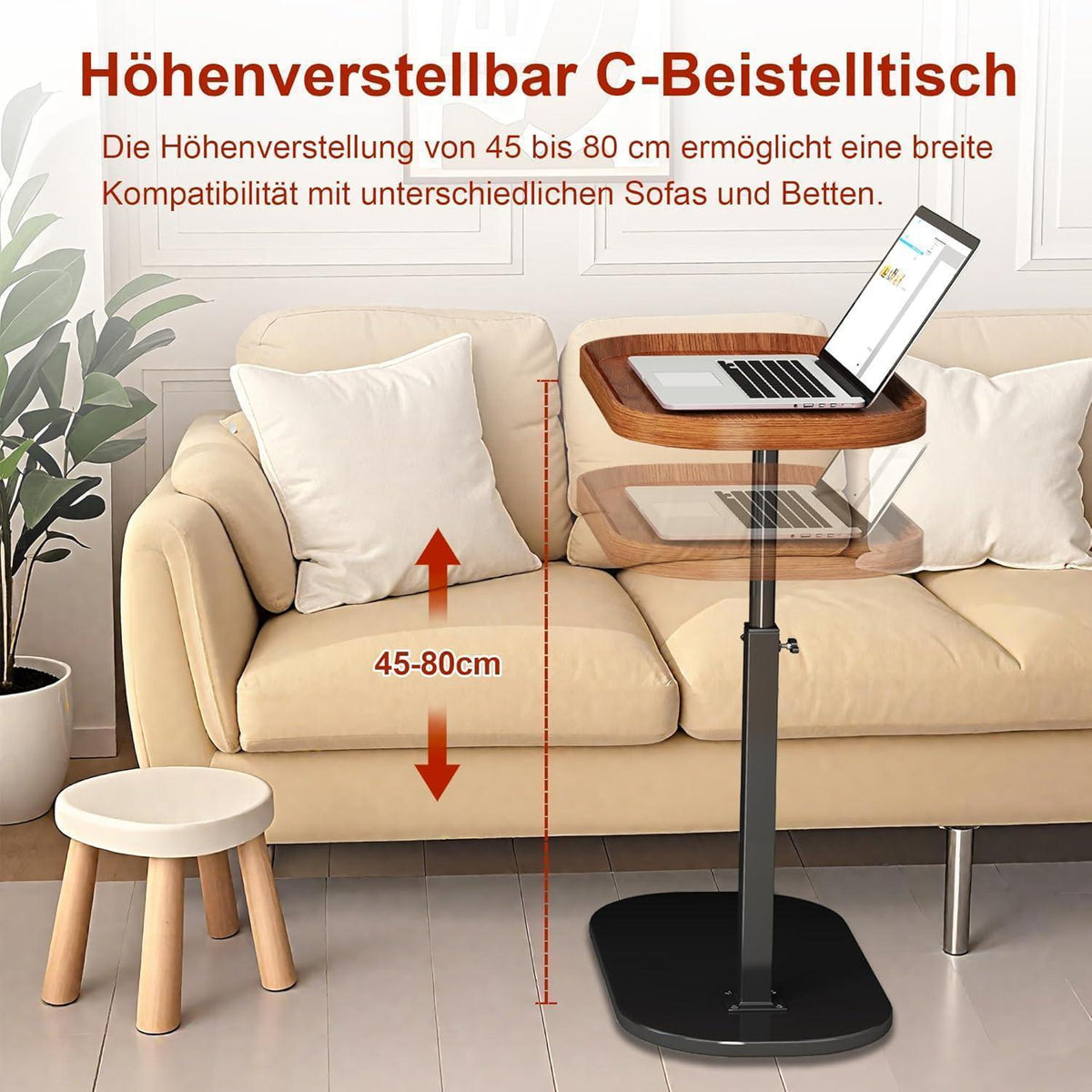 Höhenverstellbarer C-förmiger Beistelltisch – 30x45cm, Drehbar, Walnuss