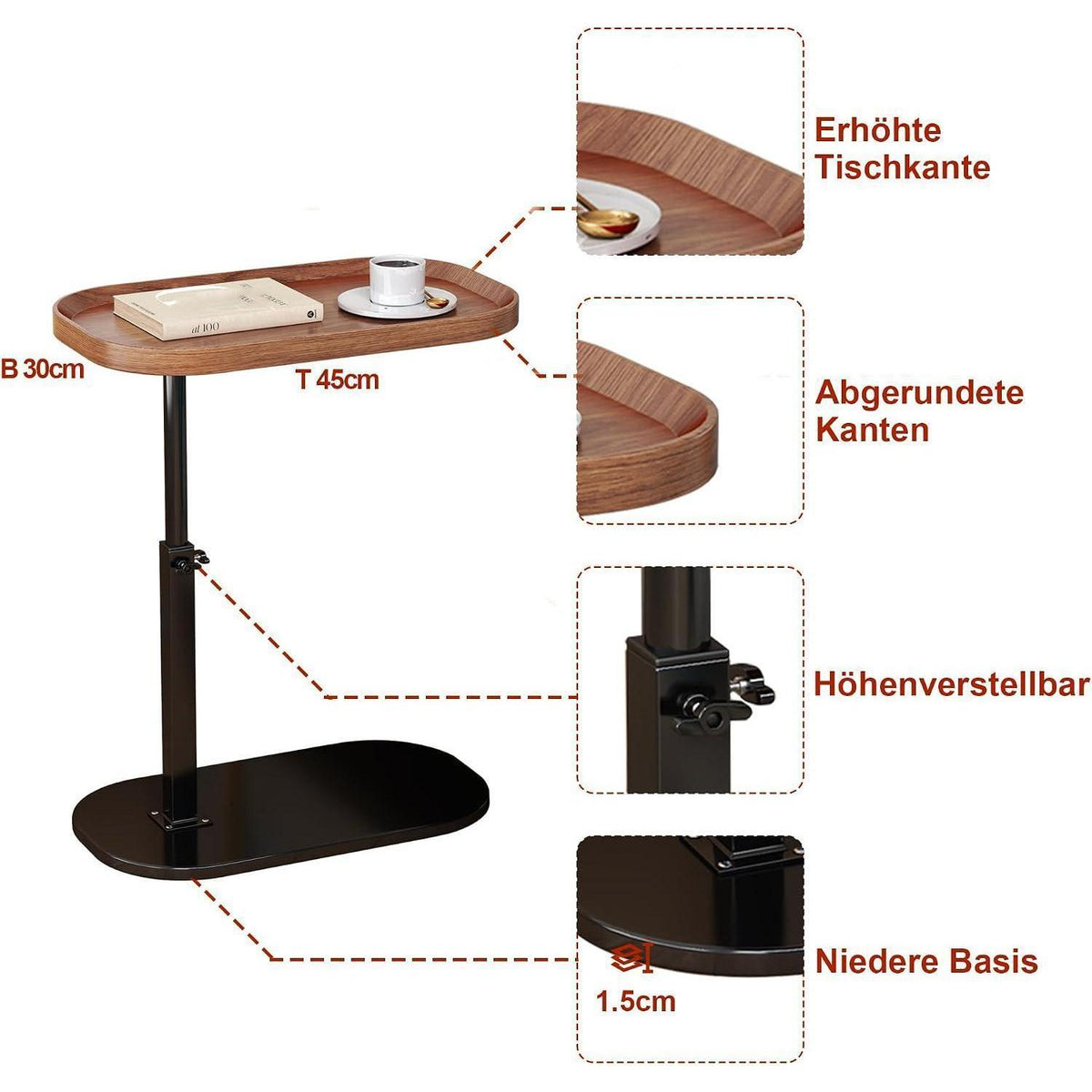 Höhenverstellbarer C-förmiger Beistelltisch – 30x45cm, 360° drehbar