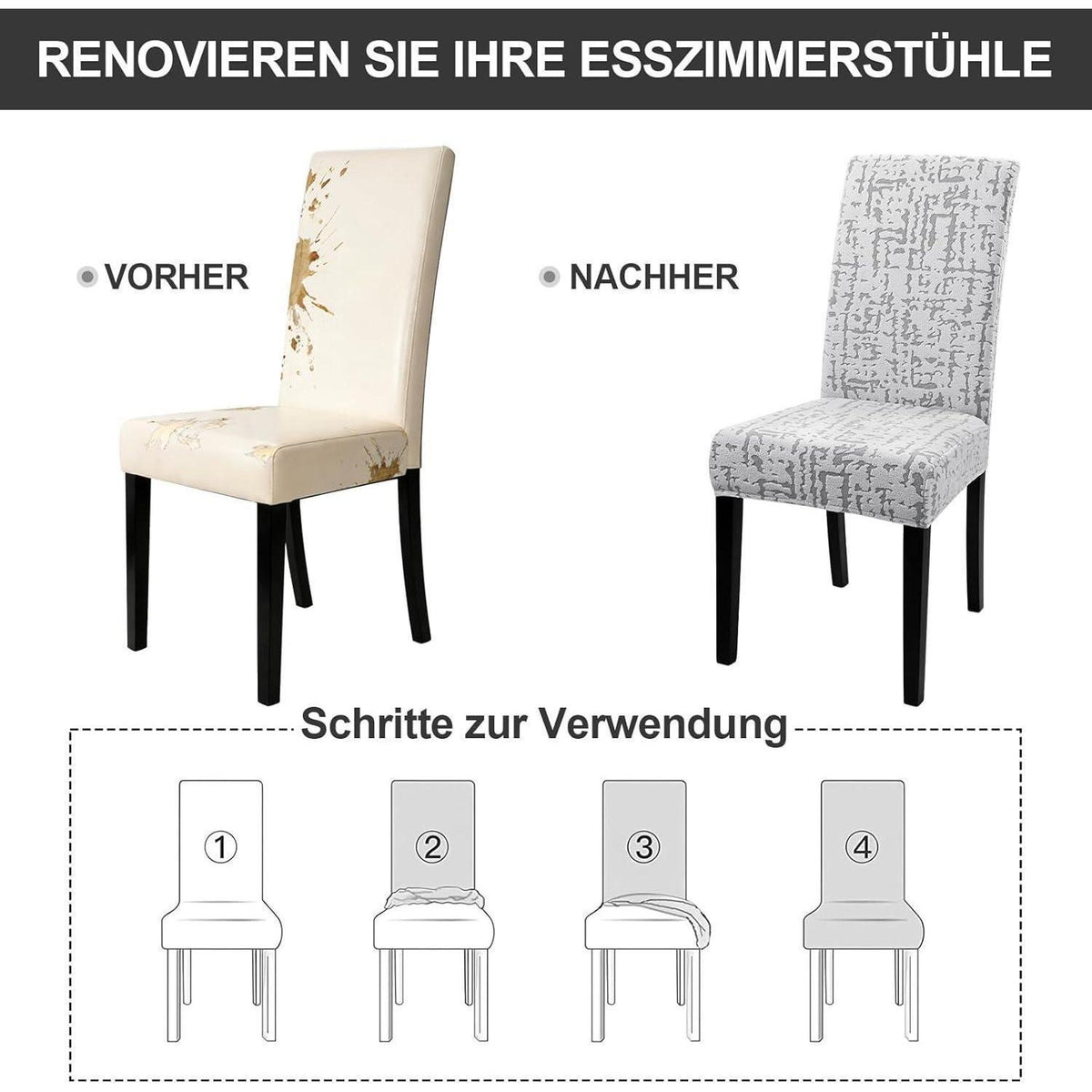 Stretch Stuhlhussen Set 6er - Hellgrau, Kurzflor Jacquard