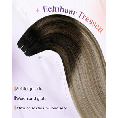 Echthaar Tressen Ombre Schwarz Karamellblond 45cm