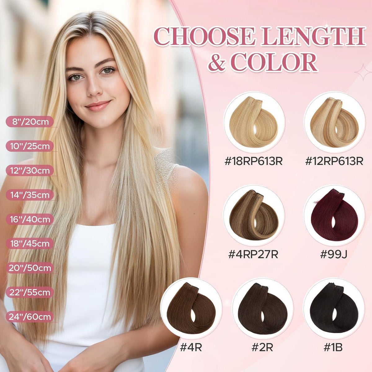 Remy Echthaar Extension - Unsichtbare Tresse, 45cm, #1B