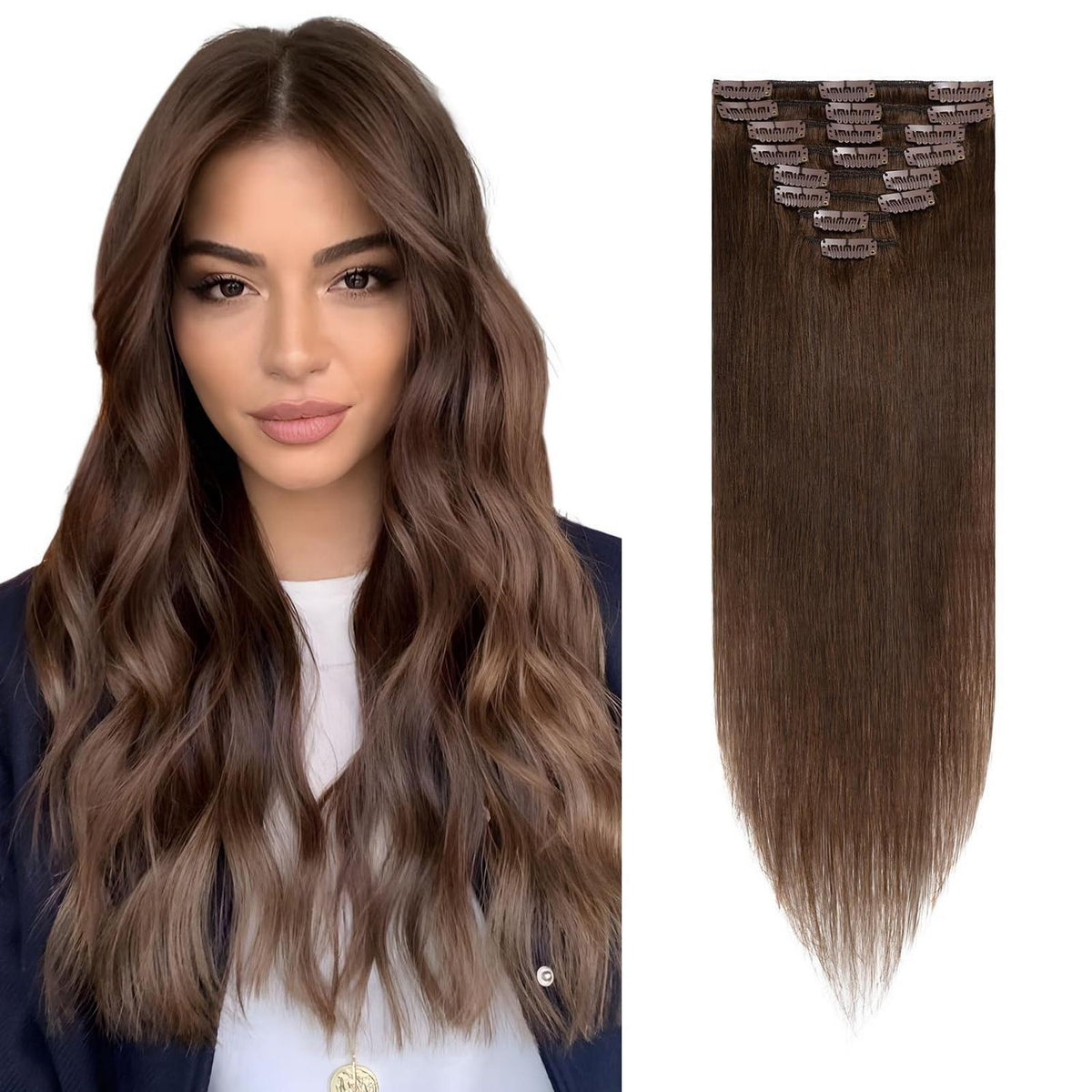 Echthaar Clip-Ins Mittelbraun #4 – 50cm, 8 Strähnen