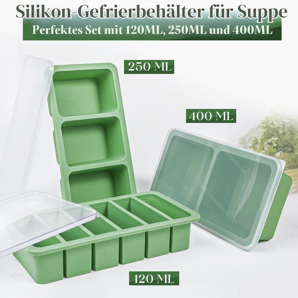 Silikon Gefrierformen Set mit Deckel & Stahlrahmen (125/250/400ml)