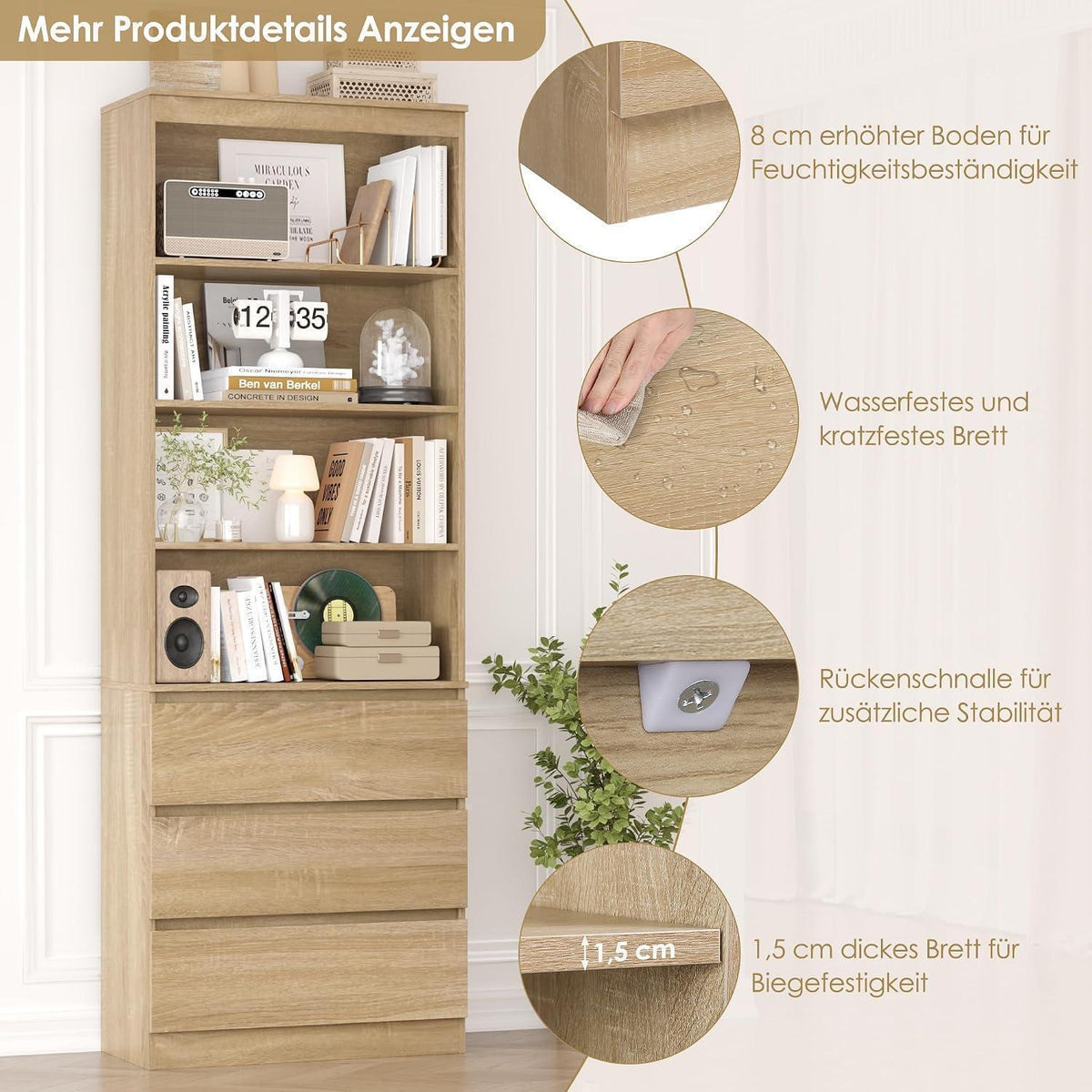 Bücherregal Hochschrank mit Schubladen & Ablagen – Eiche