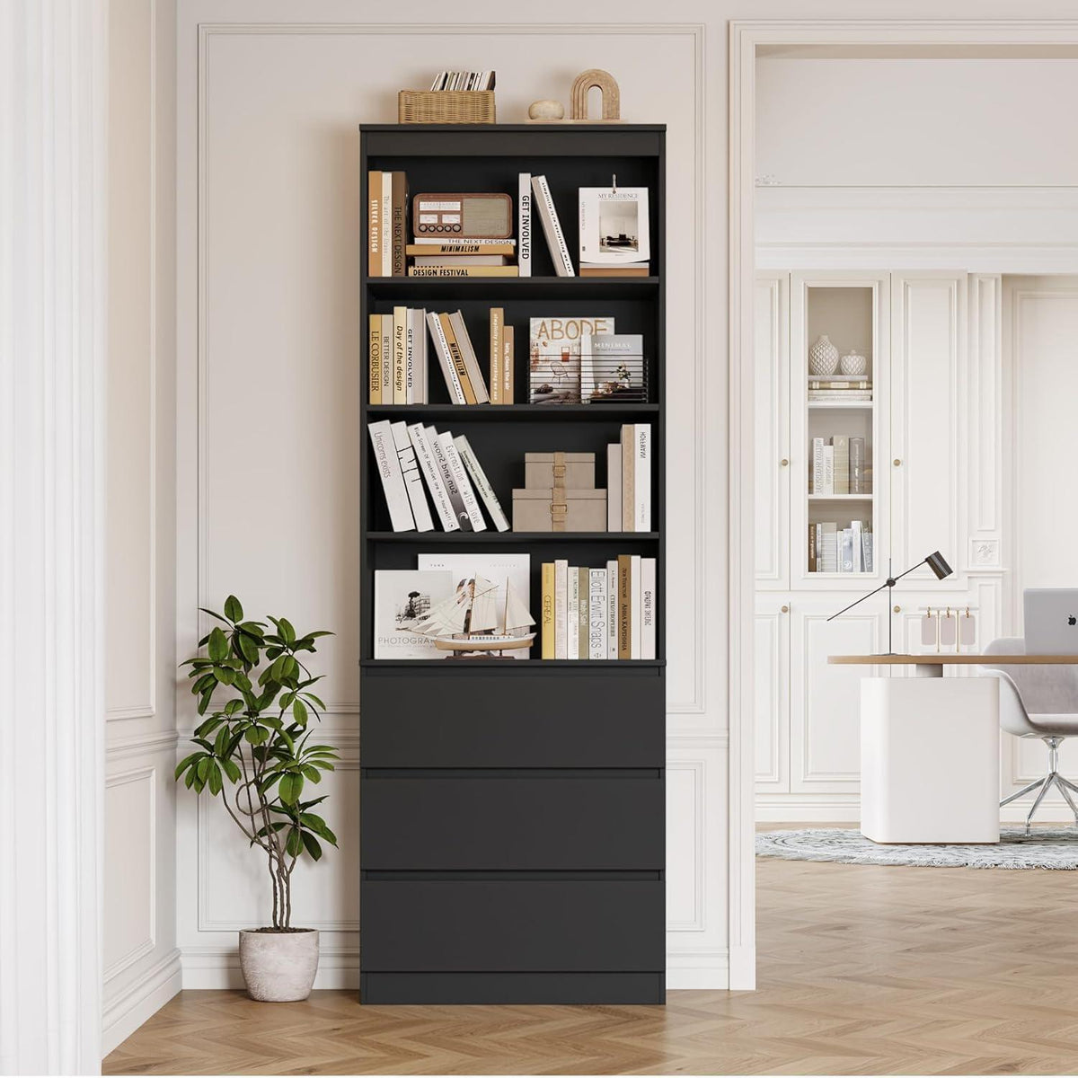 Bücherregal Hochschrank mit Schubladen & verstellbaren Ablagen