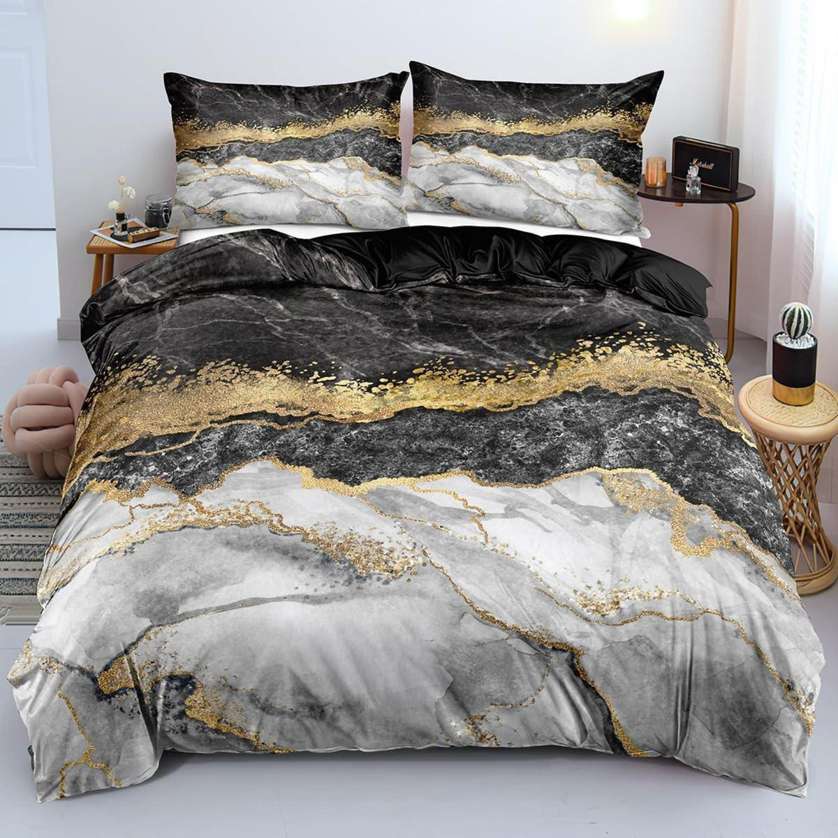 4tlg. Bettwäsche Set Marmor Gold Schwarz 135x200 cm Mikrofaser