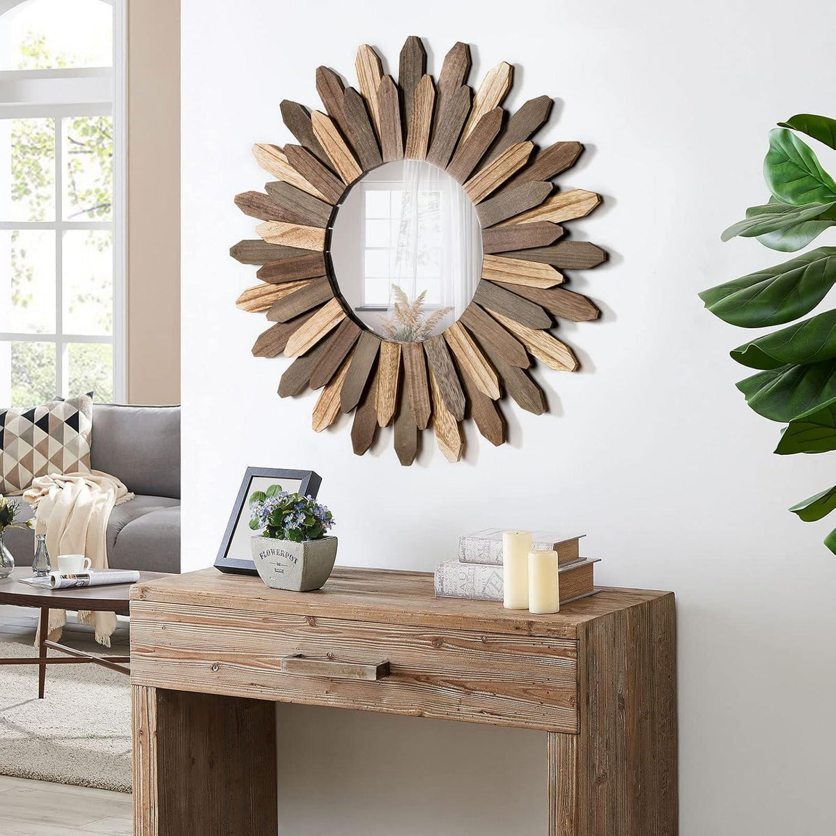 Runder Wandspiegel Holz 53cm – Boho Deko für Wohnzimmer & Bad