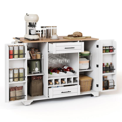 Kücheninsel mit Klappplatte & Weinregal – Weiß 138x45x92cm