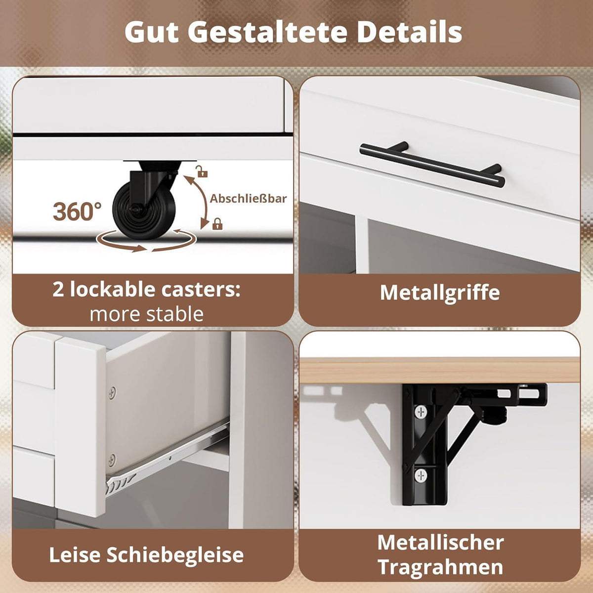 Kücheninsel mit Klappplatte & Weinregal – Weiß 138x45x92cm