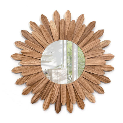 Boho Wandspiegel Holz rund – Dekorative Wanddeko Vintage Braun