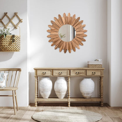 Boho Wandspiegel Holz rund – Dekorative Wanddeko Vintage Braun