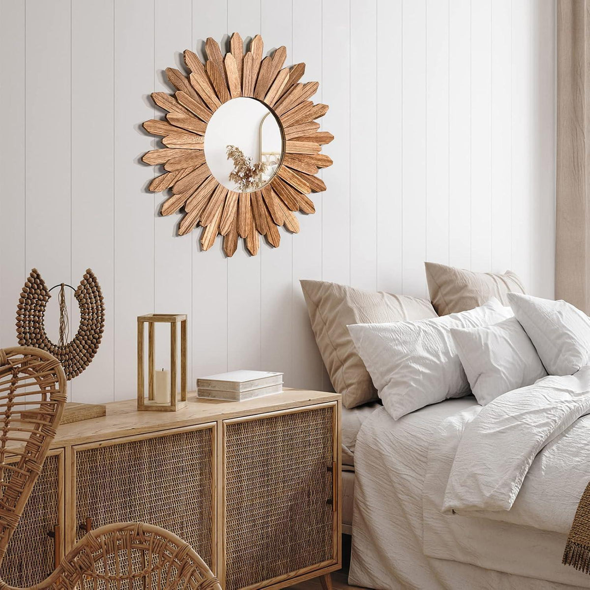Boho Wandspiegel Holz rund – Dekorative Wanddeko Vintage Braun