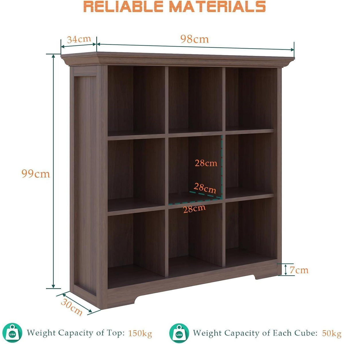 OSCHF 9-Fächers Bücherregal mit Sockel – Modernes Holzregal Walnuss
