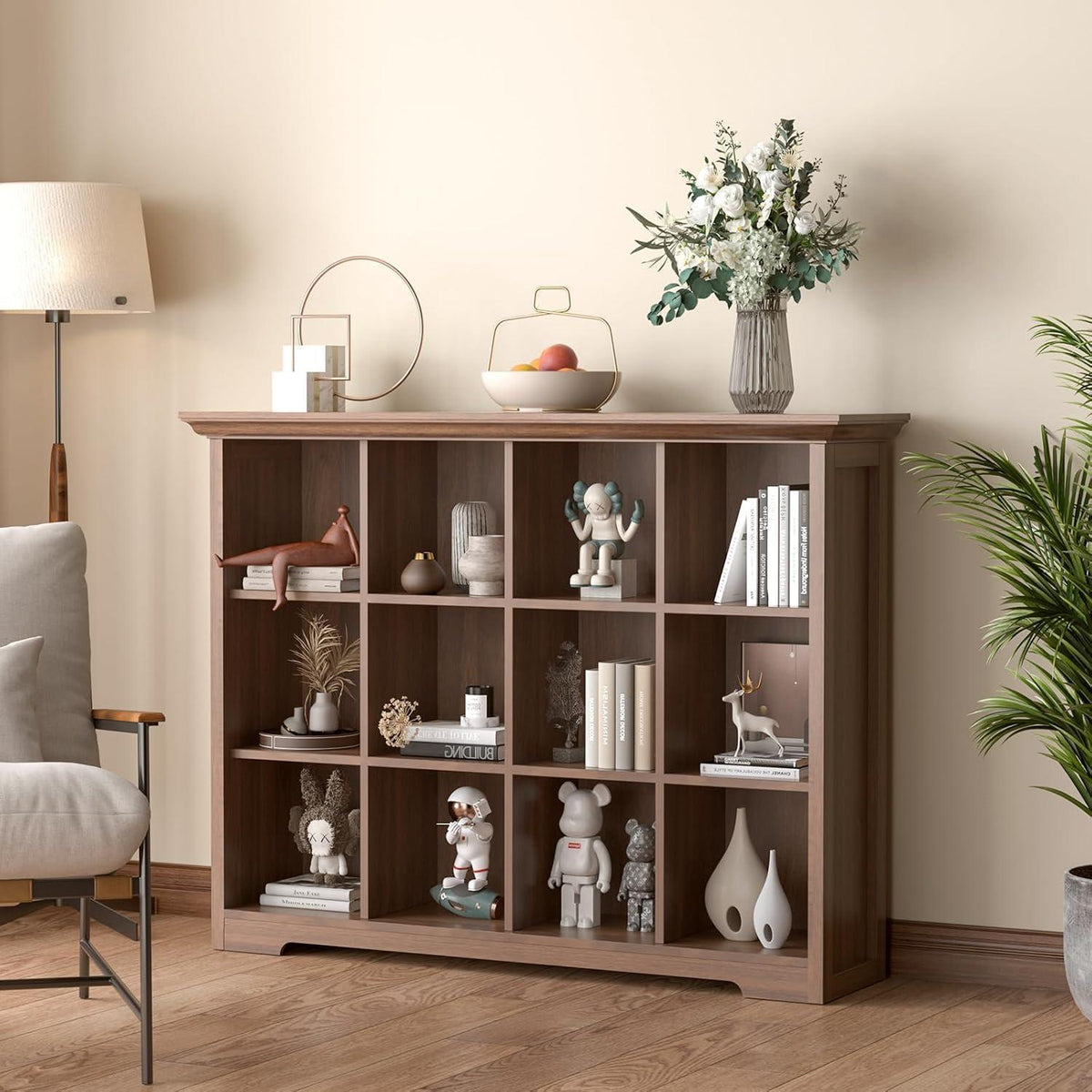 OSCHF 12-Fächer Bücherregal mit Sockel – Modernes Holzregal Walnuss