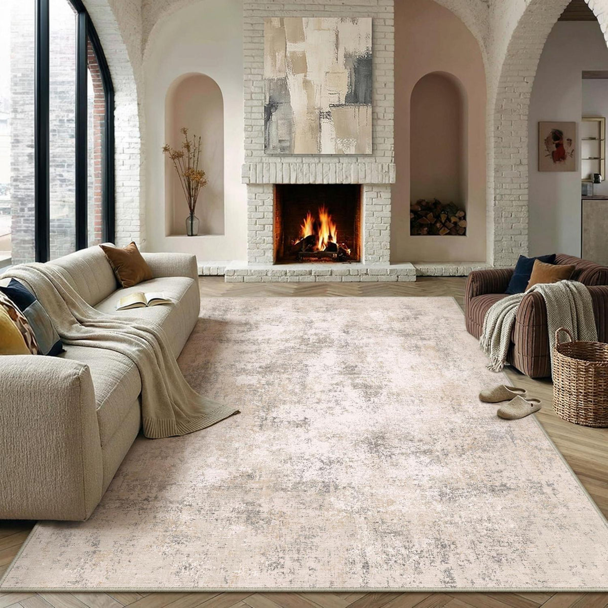 Abstrakt Wohnzimmer Teppich 240x300cm Creme Beige Rechteckig Waschbar
