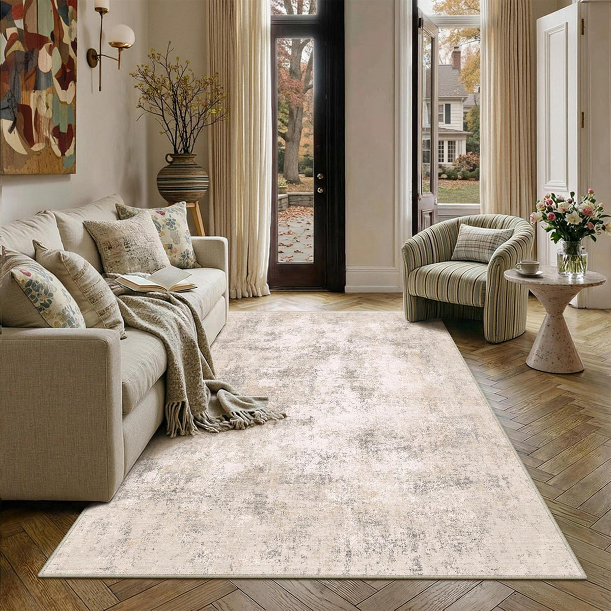 Abstrakt Wohnzimmer Teppich Creme 160x230cm Waschbar Rechteckig