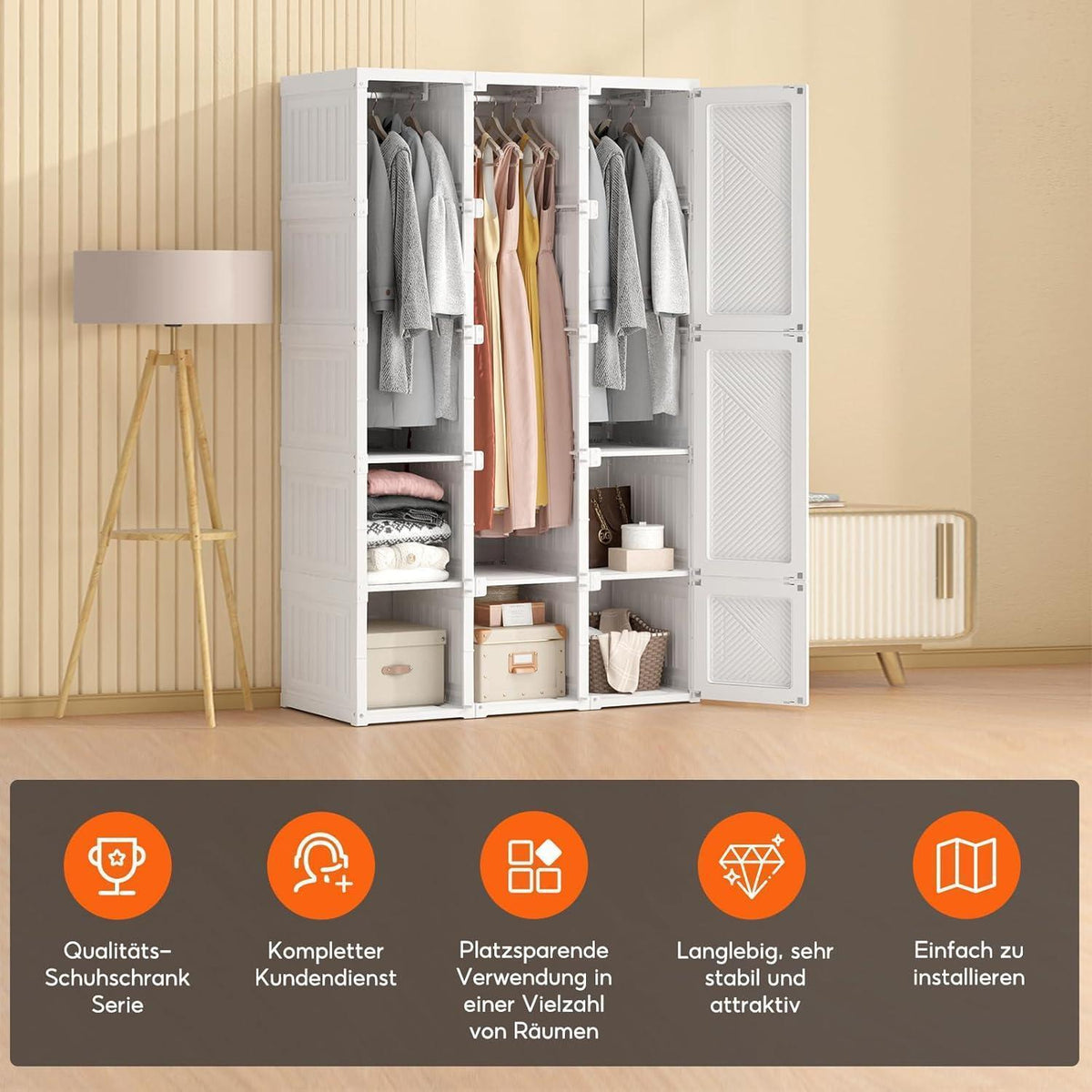 Zusammenklappbarer Kleiderschrank mit Kleiderstange & Magnettüren