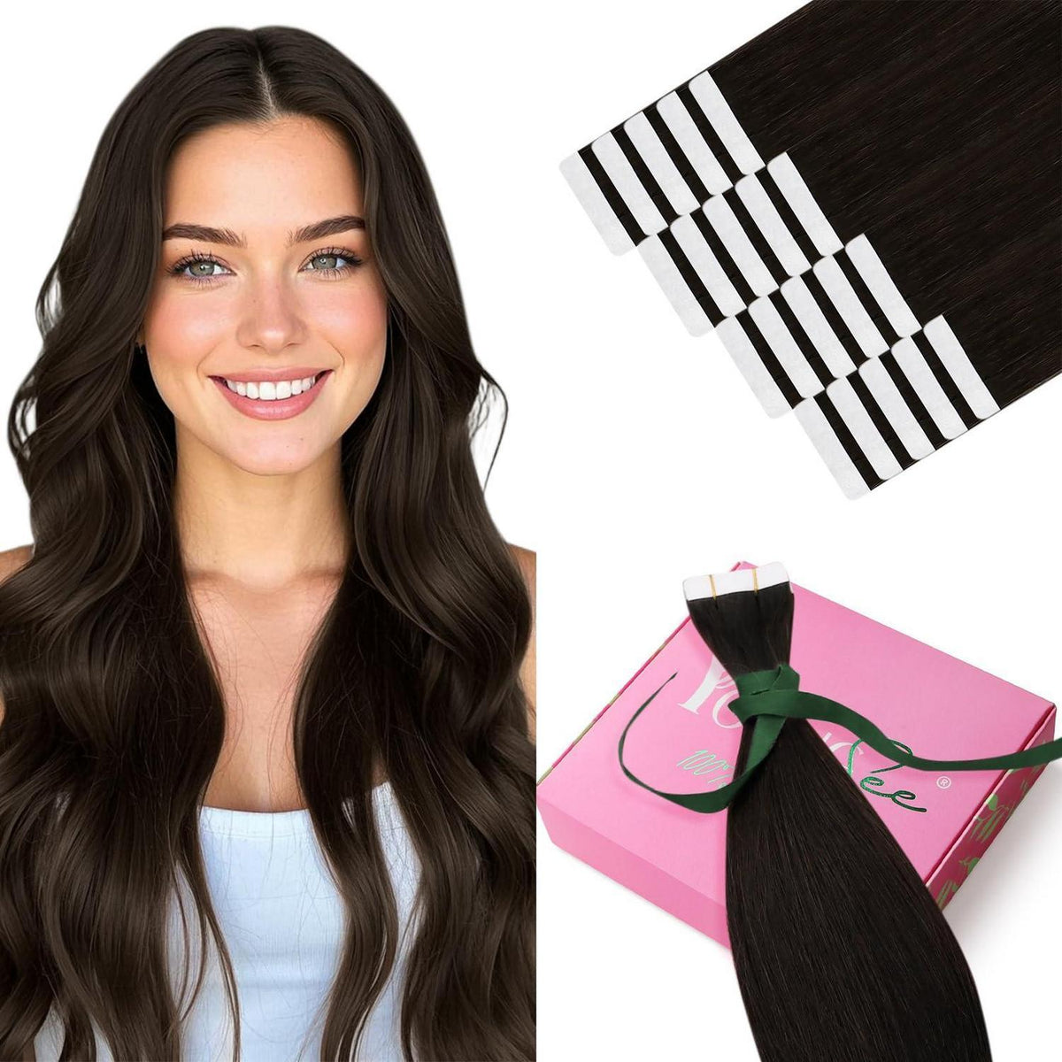 Echthaar Tape Extensions Dunkelbraun - 40cm, 50g