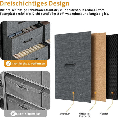 Kommode mit 9 Schubladen – Stoff & Metall, Grau
