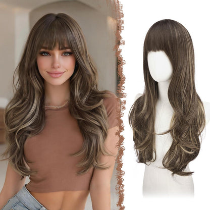 Lange Perücke mit Pony, Ombre Braun Blond, 65cm, Geschichtet