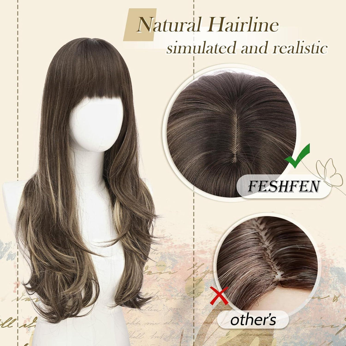 Lange Perücke mit Pony, Ombre Braun Blond, 65cm, Geschichtet