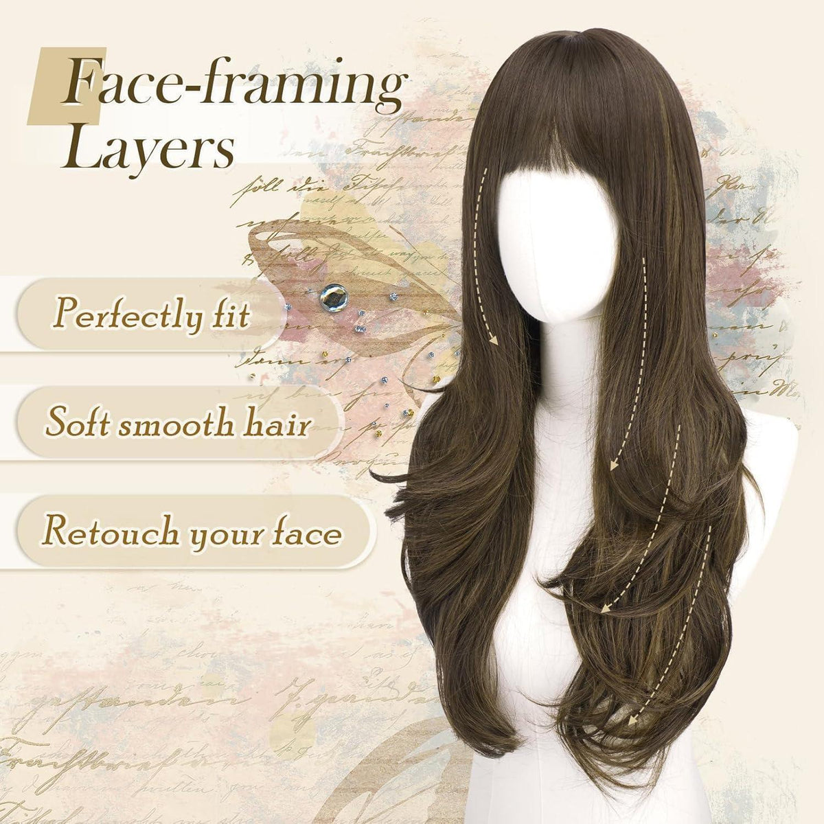 Lange braune Perücke mit Pony & Highlights, 65cm