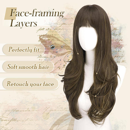 Lange braune Perücke mit Pony & Highlights, 65cm