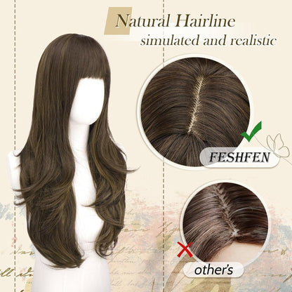 Lange braune Perücke mit Pony & Highlights, 65cm
