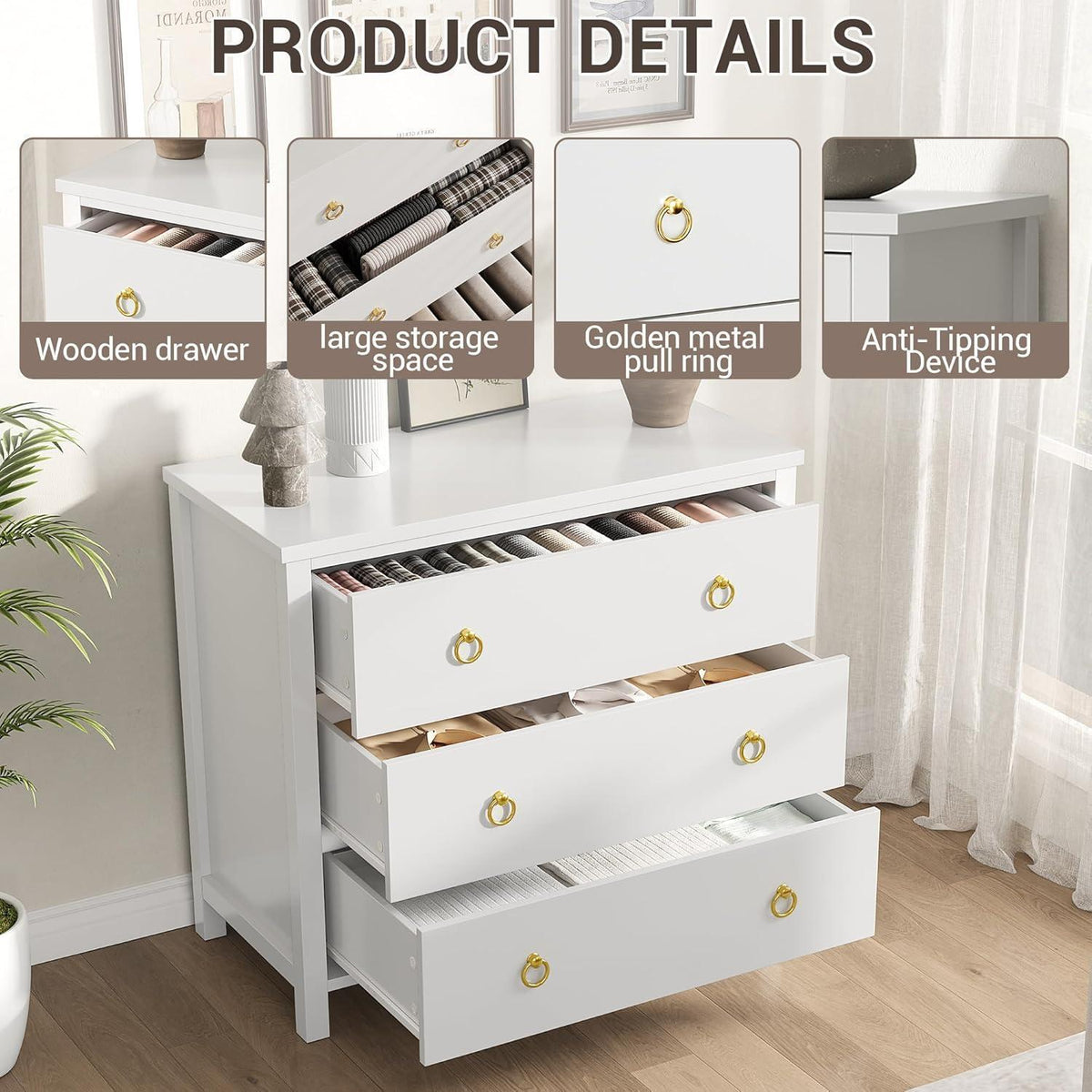 Weiße Kommode mit 3 Schubladen – Schlafzimmer Sideboard