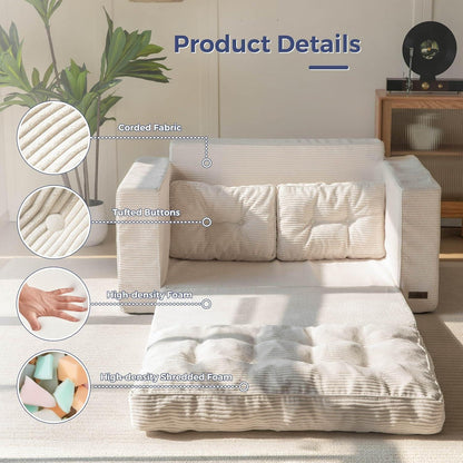 Cremefarbenes Cord Schlafsofa 140cm – 2-Sitzer mit Liegefläche