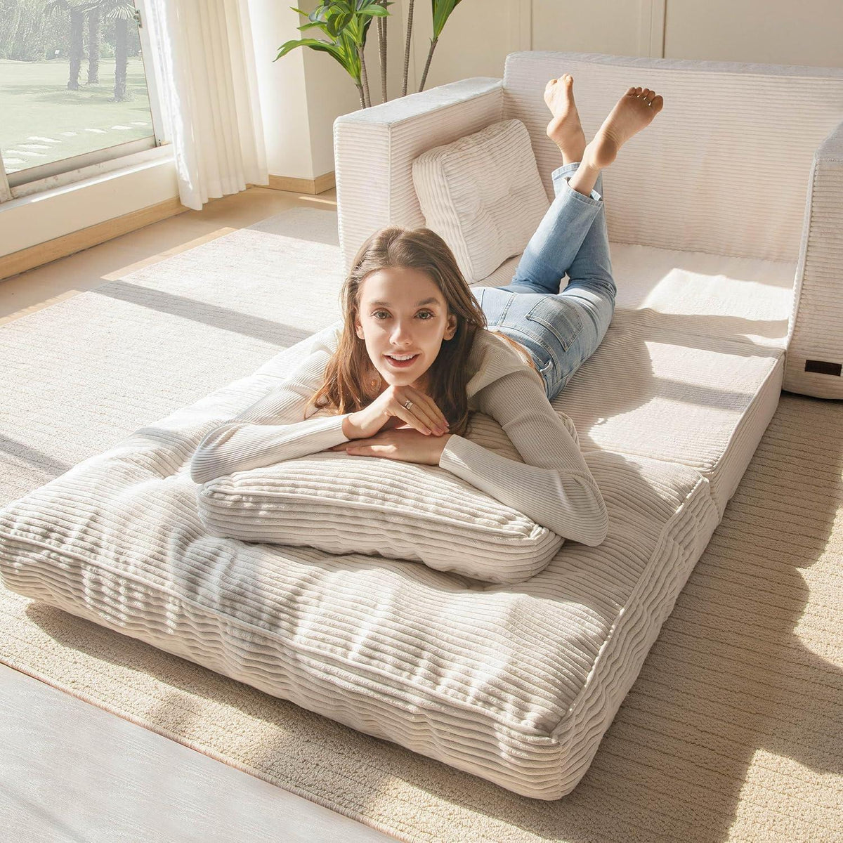 Cremefarbenes Cord Schlafsofa 140cm – 2-Sitzer mit Liegefläche